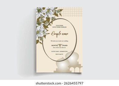 WEDDING INVITATION FRAME WITH FLOWER DECORATIONS AND FRESH LEAVES