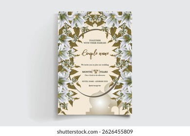 WEDDING INVITATION FRAME WITH FLOWER DECORATIONS AND FRESH LEAVES