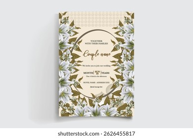 WEDDING INVITATION FRAME WITH FLOWER DECORATIONS AND FRESH LEAVES