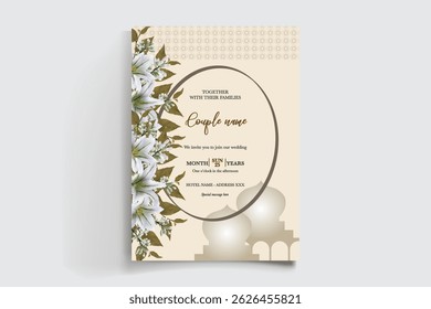 WEDDING INVITATION FRAME WITH FLOWER DECORATIONS AND FRESH LEAVES