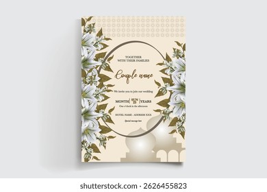 WEDDING INVITATION FRAME WITH FLOWER DECORATIONS AND FRESH LEAVES