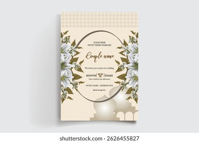 WEDDING INVITATION FRAME WITH FLOWER DECORATIONS AND FRESH LEAVES
