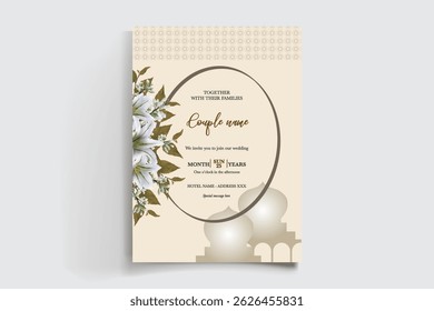 WEDDING INVITATION FRAME WITH FLOWER DECORATIONS AND FRESH LEAVES