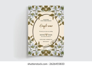 WEDDING INVITATION FRAME WITH FLOWER DECORATIONS AND FRESH LEAVES
