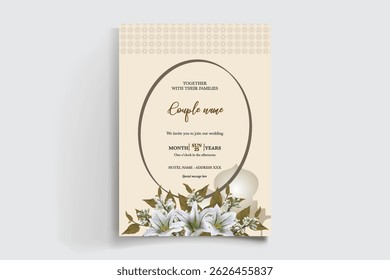 WEDDING INVITATION FRAME WITH FLOWER DECORATIONS AND FRESH LEAVES