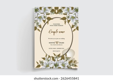 WEDDING INVITATION FRAME WITH FLOWER DECORATIONS AND FRESH LEAVES