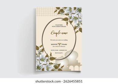WEDDING INVITATION FRAME WITH FLOWER DECORATIONS AND FRESH LEAVES
