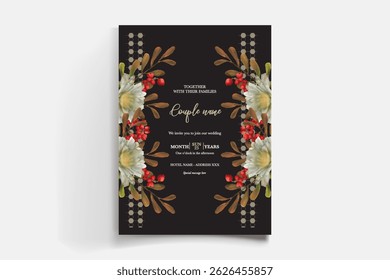 WEDDING INVITATION FRAME WITH FLOWER DECORATIONS AND FRESH LEAVES