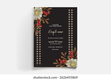 WEDDING INVITATION FRAME WITH FLOWER DECORATIONS AND FRESH LEAVES