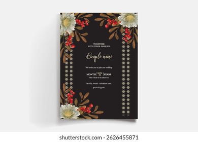 WEDDING INVITATION FRAME WITH FLOWER DECORATIONS AND FRESH LEAVES