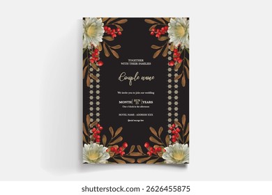 MARCO DE INVITACIÓN DE BODA CON DECORACIONES FLORALES Y HOJAS FRESCAS