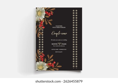 WEDDING INVITATION FRAME WITH FLOWER DECORATIONS AND FRESH LEAVES