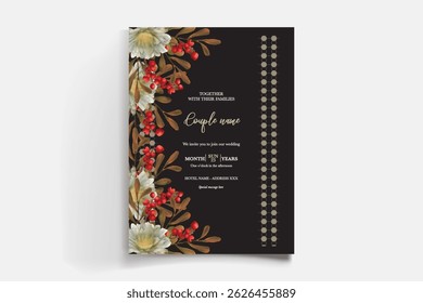 WEDDING INVITATION FRAME WITH FLOWER DECORATIONS AND FRESH LEAVES