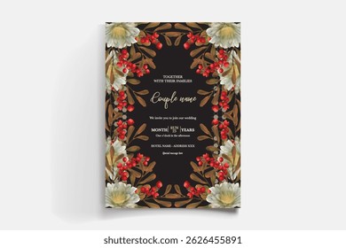 WEDDING INVITATION FRAME WITH FLOWER DECORATIONS AND FRESH LEAVES