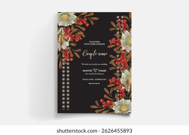 QUADRO DE CONVITE DE CASAMENTO COM DECORAÇÕES DE FLORES E FOLHAS FRESCAS
