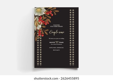 HOCHZEITSEINLADUNGSRAHMEN MIT BLUMENDEKORATIONEN UND FRISCHEN BLÄTTERN