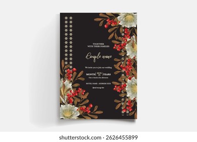WEDDING INVITATION FRAME WITH FLOWER DECORATIONS AND FRESH LEAVES