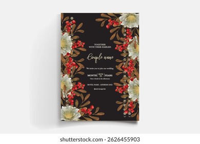 WEDDING INVITATION FRAME WITH FLOWER DECORATIONS AND FRESH LEAVES