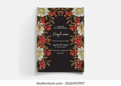 QUADRO DE CONVITE DE CASAMENTO COM DECORAÇÕES DE FLORES E FOLHAS FRESCAS