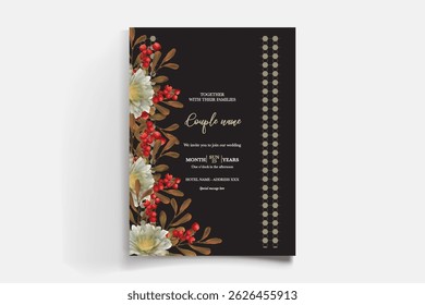 WEDDING INVITATION FRAME WITH FLOWER DECORATIONS AND FRESH LEAVES