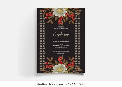 WEDDING INVITATION FRAME WITH FLOWER DECORATIONS AND FRESH LEAVES
