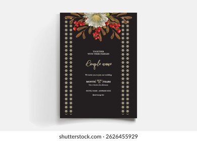 MARCO DE INVITACIÓN DE BODA CON DECORACIONES FLORALES Y HOJAS FRESCAS