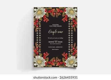 WEDDING INVITATION FRAME WITH FLOWER DECORATIONS AND FRESH LEAVES