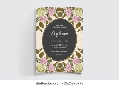 WEDDING INVITATION FRAME WITH FLOWER DECORATIONS AND FRESH LEAVES