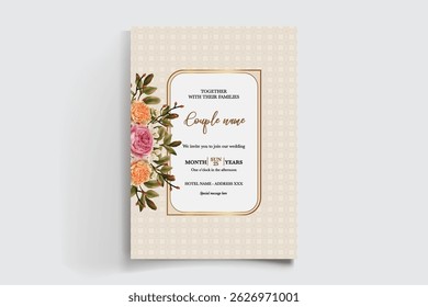 WEDDING INVITATION FRAME WITH FLOWER DECORATIONS AND FRESH LEAVES