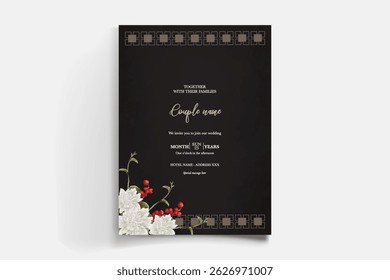 WEDDING INVITATION FRAME WITH FLOWER DECORATIONS AND FRESH LEAVES
