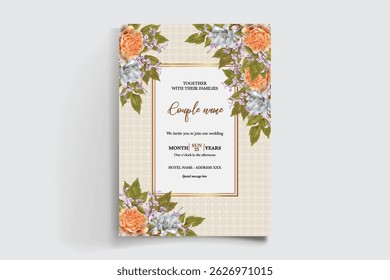 WEDDING INVITATION FRAME WITH FLOWER DECORATIONS AND FRESH LEAVES