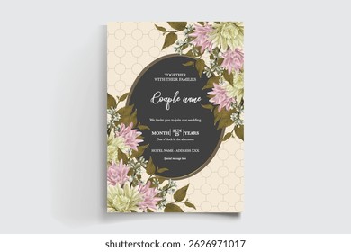 WEDDING INVITATION FRAME WITH FLOWER DECORATIONS AND FRESH LEAVES