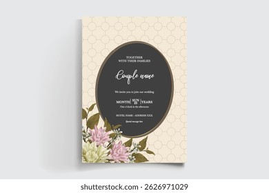 WEDDING INVITATION FRAME WITH FLOWER DECORATIONS AND FRESH LEAVES