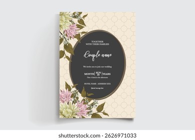 WEDDING INVITATION FRAME WITH FLOWER DECORATIONS AND FRESH LEAVES