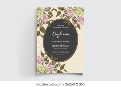 MARCO DE INVITACIÓN DE BODA CON DECORACIONES FLORALES Y HOJAS FRESCAS