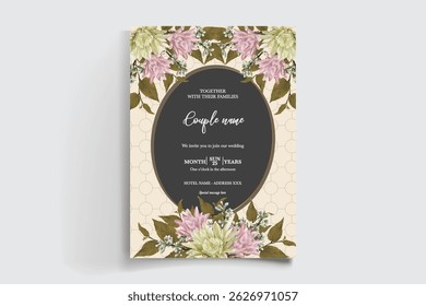 WEDDING INVITATION FRAME WITH FLOWER DECORATIONS AND FRESH LEAVES