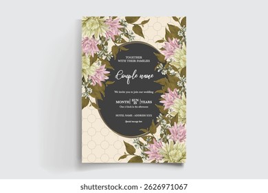 WEDDING INVITATION FRAME WITH FLOWER DECORATIONS AND FRESH LEAVES