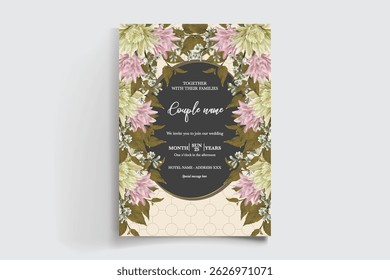 QUADRO DE CONVITE DE CASAMENTO COM DECORAÇÕES DE FLORES E FOLHAS FRESCAS