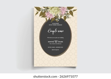 WEDDING INVITATION FRAME WITH FLOWER DECORATIONS AND FRESH LEAVES