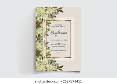 WEDDING INVITATION FRAME WITH FLOWER DECORATIONS AND FRESH LEAVES