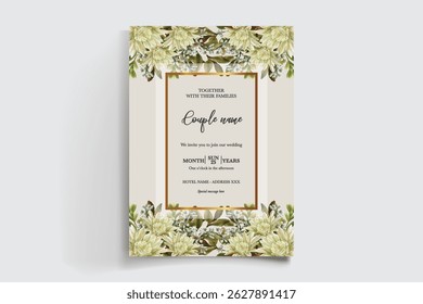 WEDDING INVITATION FRAME WITH FLOWER DECORATIONS AND FRESH LEAVES