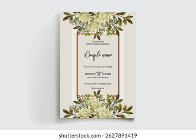 WEDDING INVITATION FRAME WITH FLOWER DECORATIONS AND FRESH LEAVES