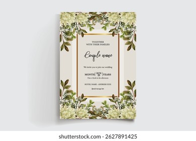 WEDDING INVITATION FRAME WITH FLOWER DECORATIONS AND FRESH LEAVES