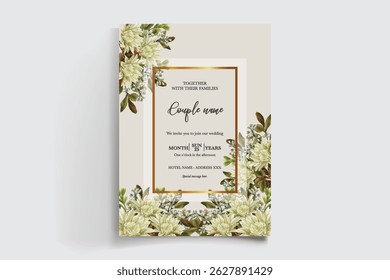 WEDDING INVITATION FRAME WITH FLOWER DECORATIONS AND FRESH LEAVES