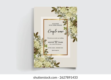 WEDDING INVITATION FRAME WITH FLOWER DECORATIONS AND FRESH LEAVES