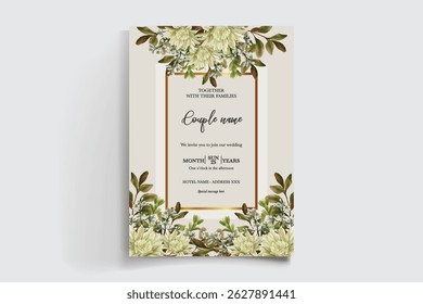 WEDDING INVITATION FRAME WITH FLOWER DECORATIONS AND FRESH LEAVES