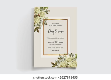 WEDDING INVITATION FRAME WITH FLOWER DECORATIONS AND FRESH LEAVES