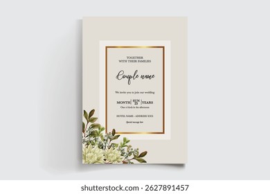 WEDDING INVITATION FRAME WITH FLOWER DECORATIONS AND FRESH LEAVES