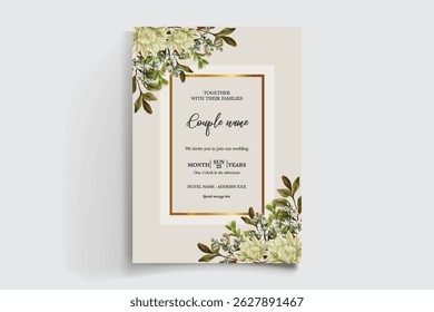 WEDDING INVITATION FRAME WITH FLOWER DECORATIONS AND FRESH LEAVES