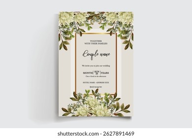 MARCO DE INVITACIÓN DE BODA CON DECORACIONES FLORALES Y HOJAS FRESCAS